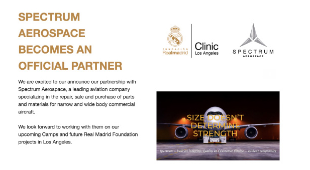 SPECTRUM AEROSPACE BECOMES OFFICIAL PARTNER WITH THE REAL MADRID FOUNDATION’S CAMPS OF LOS ANGELES